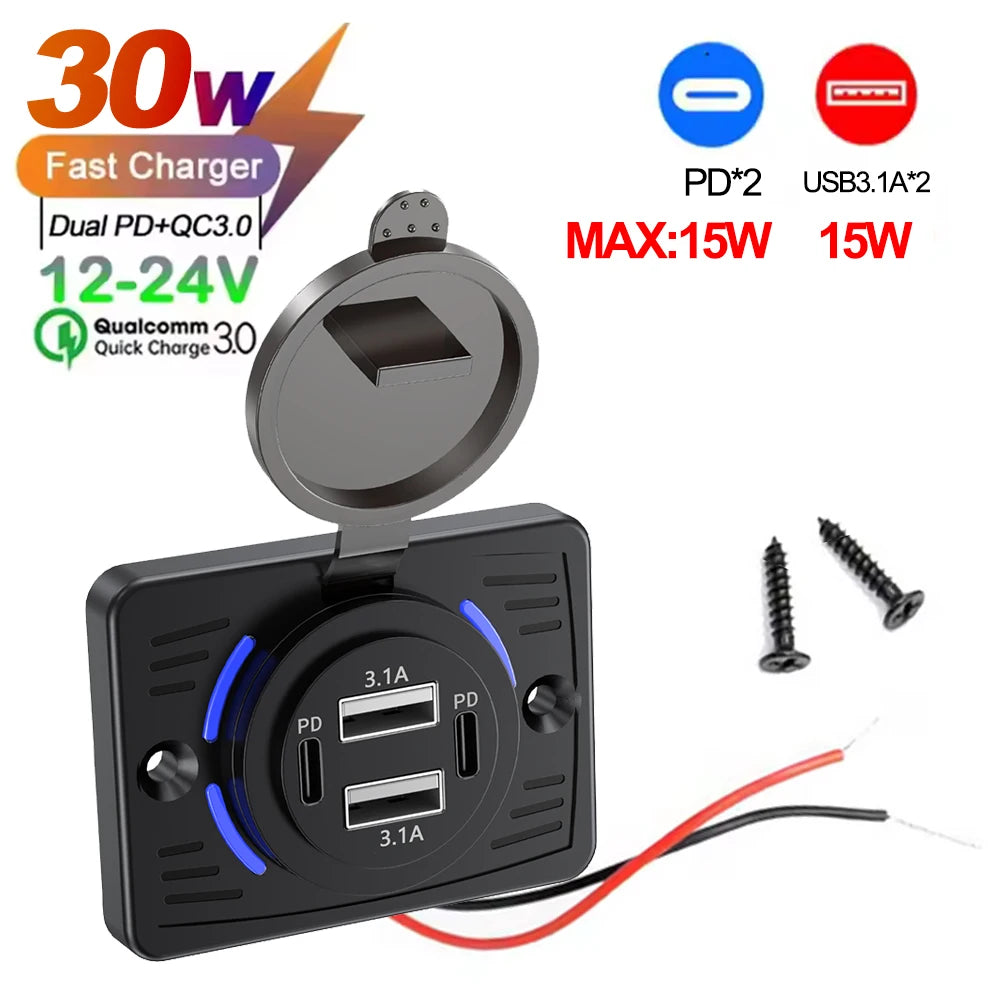 Wall Mount Charger Adapter, 2-4 Ports USB Outlet, QC 22.5W PD 30W Type-C Quick Charge, QC3.0 Panel, Bus, ATV, Truck
