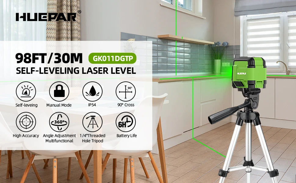 Huepar 2 Lines Laser Level with Tripod 98Ft Self-Leveling Horizontal & Vertical Green Cross Line Laser with Carrying Bag