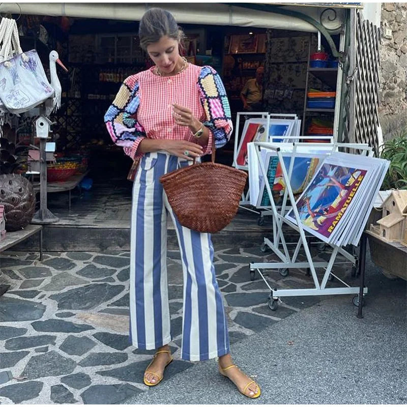 Street Striped Jeans Women's High-Waist Pockets Wide-Leg Trouser 2026 Spring Summer Retro Multicolor Vertical Stripe Denim Pant
