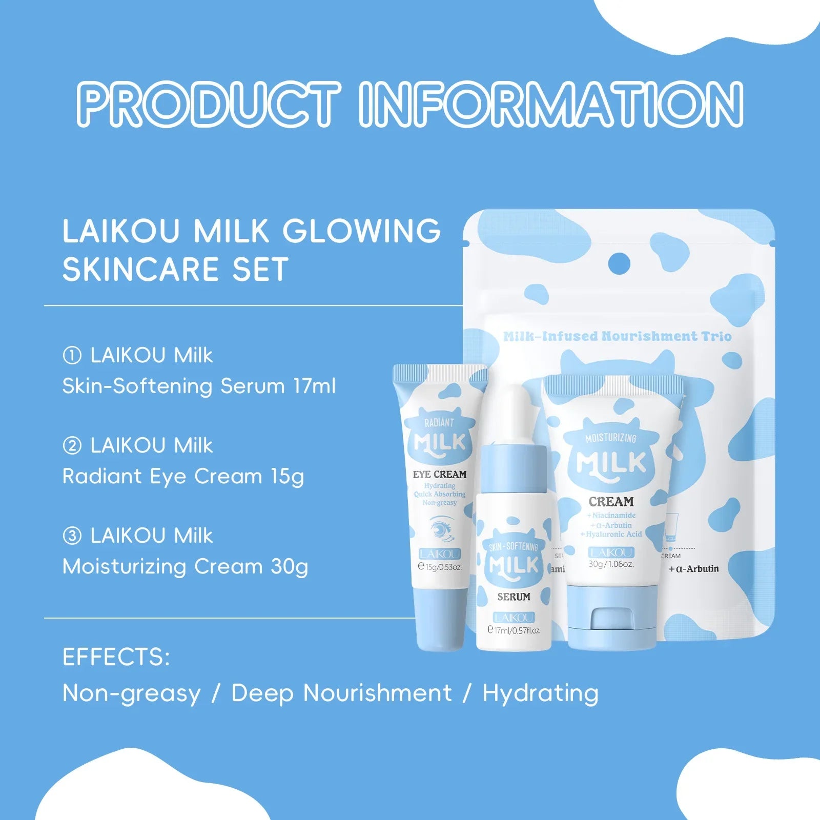 LAIKOU Milk Skincare Travel Set 3pcs Niacinamide Hyaluronic Acid Face Serum Eye Cream Face Cream Moisturizing Glowing Skin Care