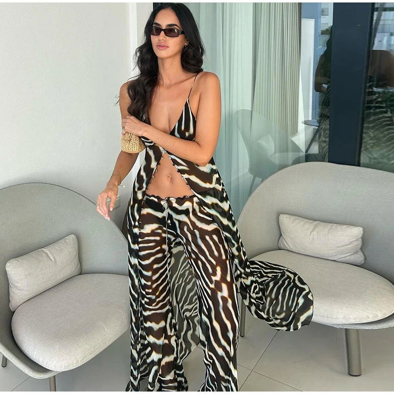 Women's Zebra Print Pants Set Casual V-neck Button Flowy Maxi Slip Top & Wide-leg Pants Lady 2026 Chic Beach Vacation Outfits