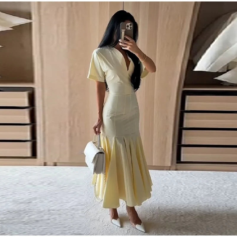 Women Fashion Solid Dress V-neck Ruffles Hem Short Sleeves Waist-cinching Draped Empire Dresses Summer Chic Elegant Summer Gown