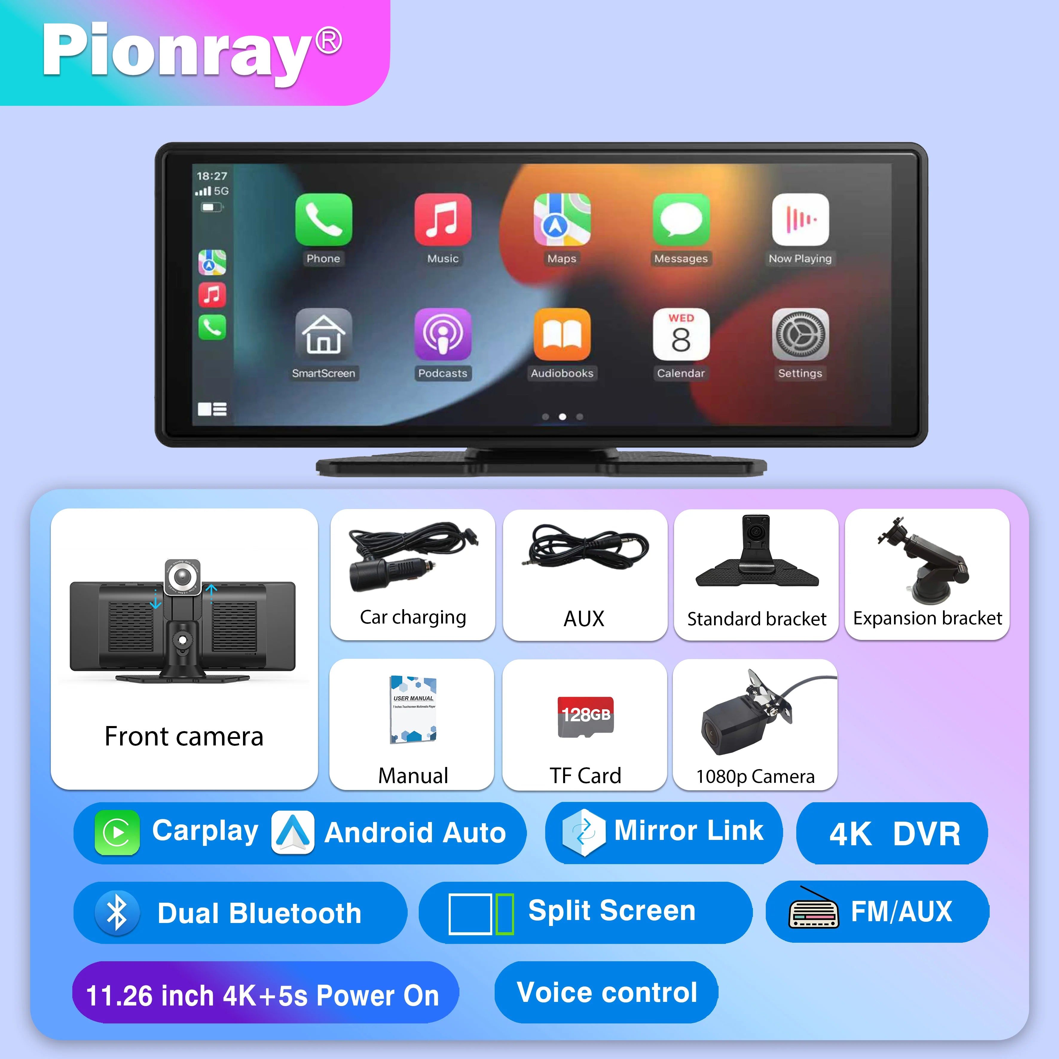 Pionray 7/10 inches android auto Universal Portable CarPlay for Car Screen Car Radio Video Wireless Carplay Screen for Apple