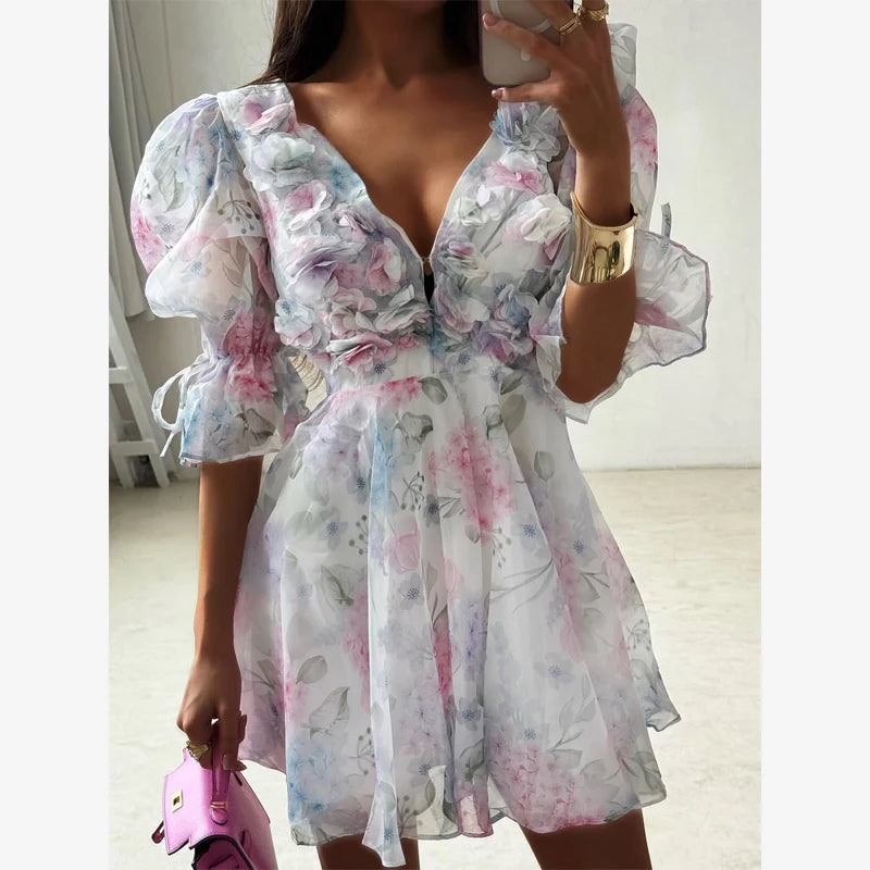 Pink Floral Printed Backless Mini Dress Women Elegant O Neck Long Sleeved Ruffles A-line Dresses Summer Chic Female Vestidos