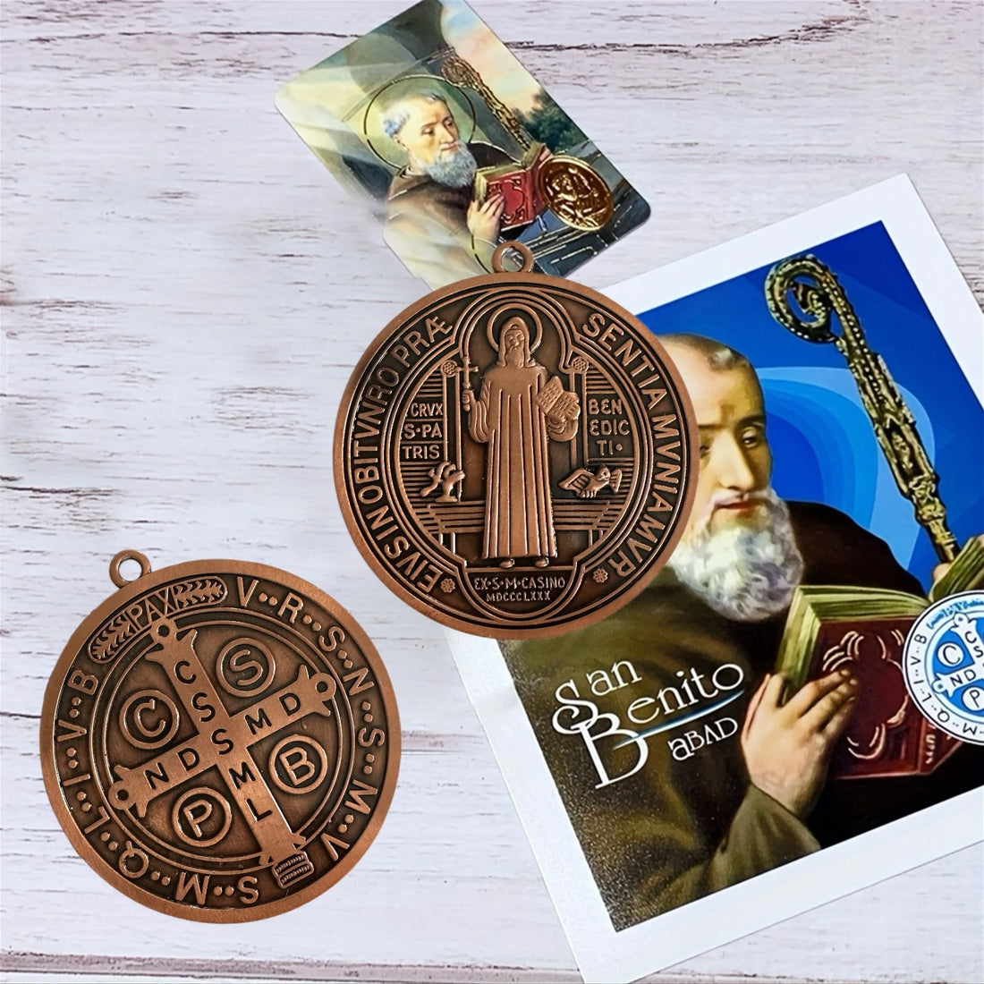 2PCS /Set EXTRA LARGE 3 INCH ST BENEDICT CROSS MEDAL VINTAGE BRASS TONE FINISH FOR WALL OR DESK DISPLAY/MEDALLA DE SAN BENITO