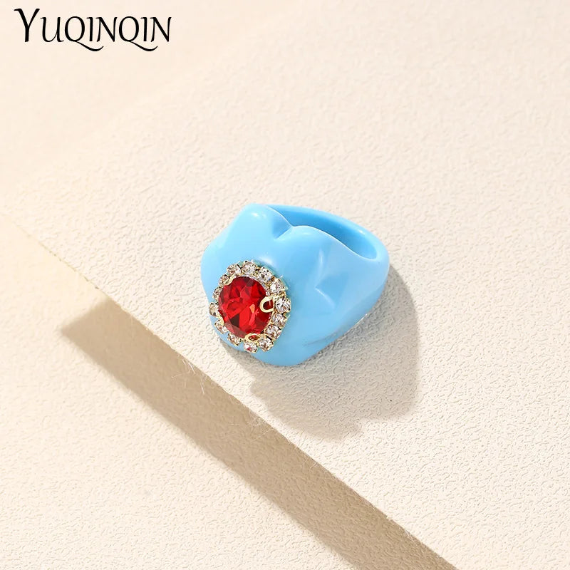 New Trendy Colorful Acrylic Rhinestone Rings Sets for Women Flower Large Finger Rings for Girls Korean Party Jewelry INS Gifts