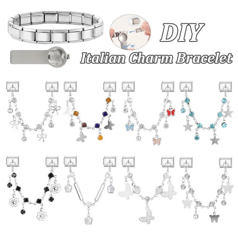 Star Butterfly Heart Zircon Round Pearls Tassel Chain Italian Charm Links Fit 9mm Bracelet Stainless Steel Women DIY Making Gift