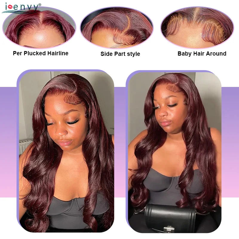 Cherry Red Burgundy 13X6 Lace Front Human Hair Wigs Body Wave 13X4 30 34 Inch 99J Colored Lace Frontal Wig Pre Plucked For Women