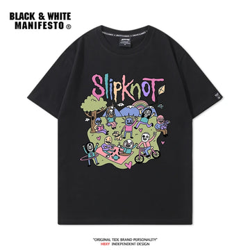 Rock Retro Slipknot T-Shirt Short Sleeve Men's Heavy Metal Cartoon Printed Loose Top Half Sleeve