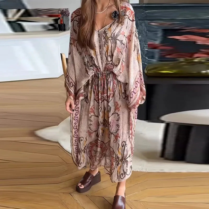 Women V Neck Vintage Vine Print Batwing Sleeve Maxi Dress Drawstring Waist Loose Flare Long Dress Mesh Texture Beach Vacation