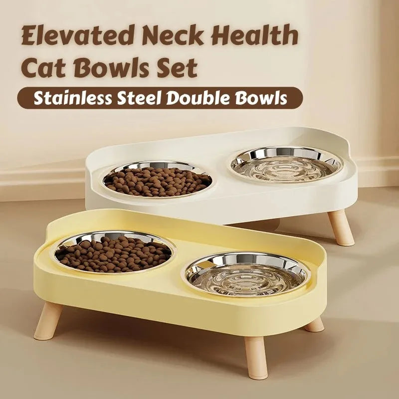 Fashion Pet Food And Water Station Dual Stainless Steel Bowls with Neck Support for Cats And Dogs