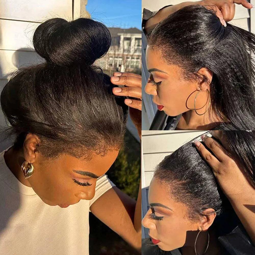 360 Yaki Straight With 4C Edges Pre Plucked Natural Hairline Insivible Strap Glueless Lace Frontal Wigs Kinky Straight Front Wig