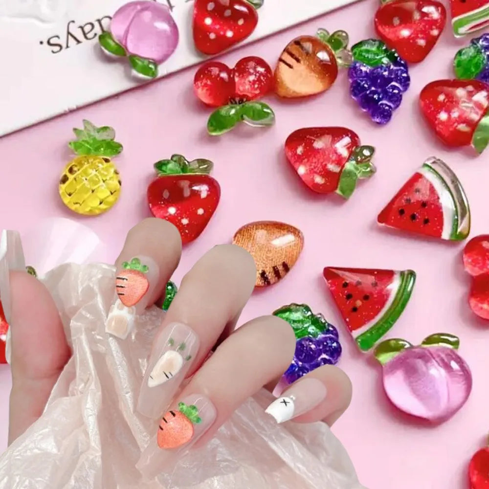 50pcs 3D Strawberry Cute Nail Charms Cartoon Fruit Flatback Resin Rhinestone Gems Red Strawberry Designs Nail Decoration Jewelry