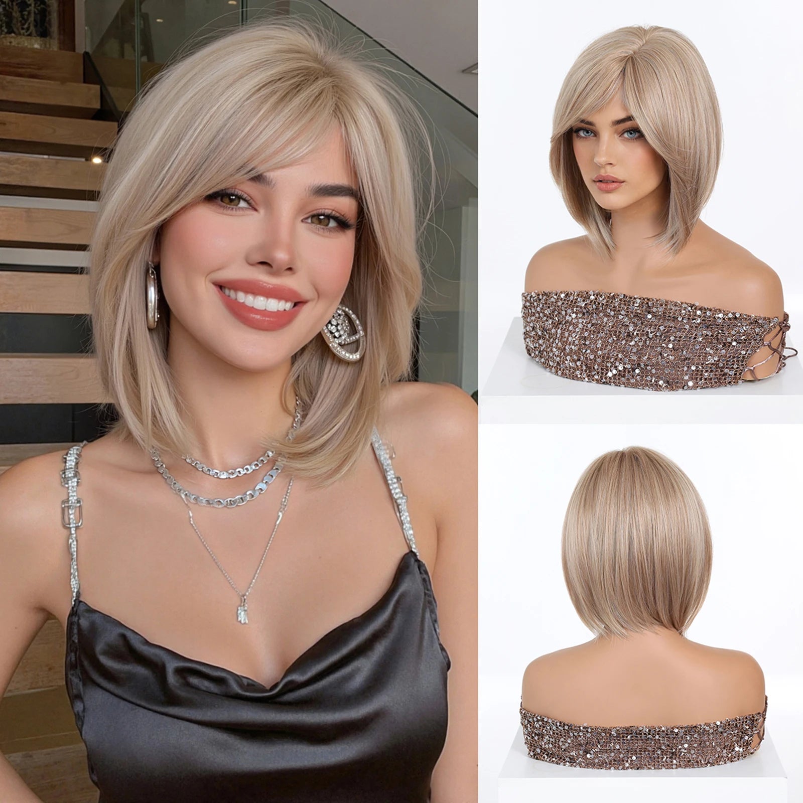 LOUIS FERRE Brown Bob Wig with Bangs for Women Short Synthetic Hair Wig Heat Resistant Natural Looking Daily Cosplay Party Use