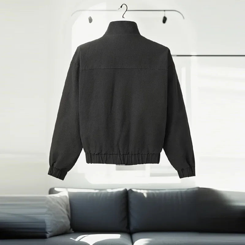 2026 Single Breasted Buckle Zipper Design Versatile Jacket Lady Trendy Elegant Tops Spring Loose Casual Stand Collar Street Coat