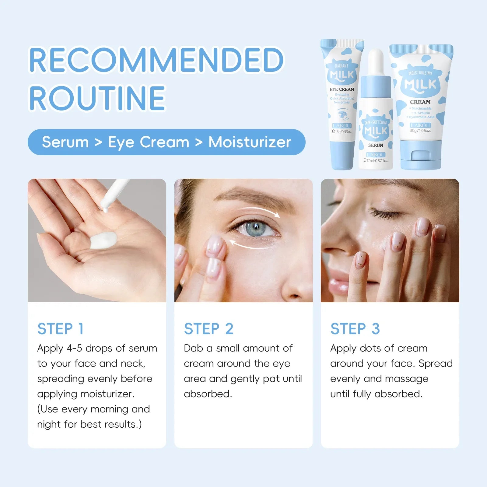 LAIKOU Milk Skincare Travel Set 3pcs Niacinamide Hyaluronic Acid Face Serum Eye Cream Face Cream Moisturizing Glowing Skin Care