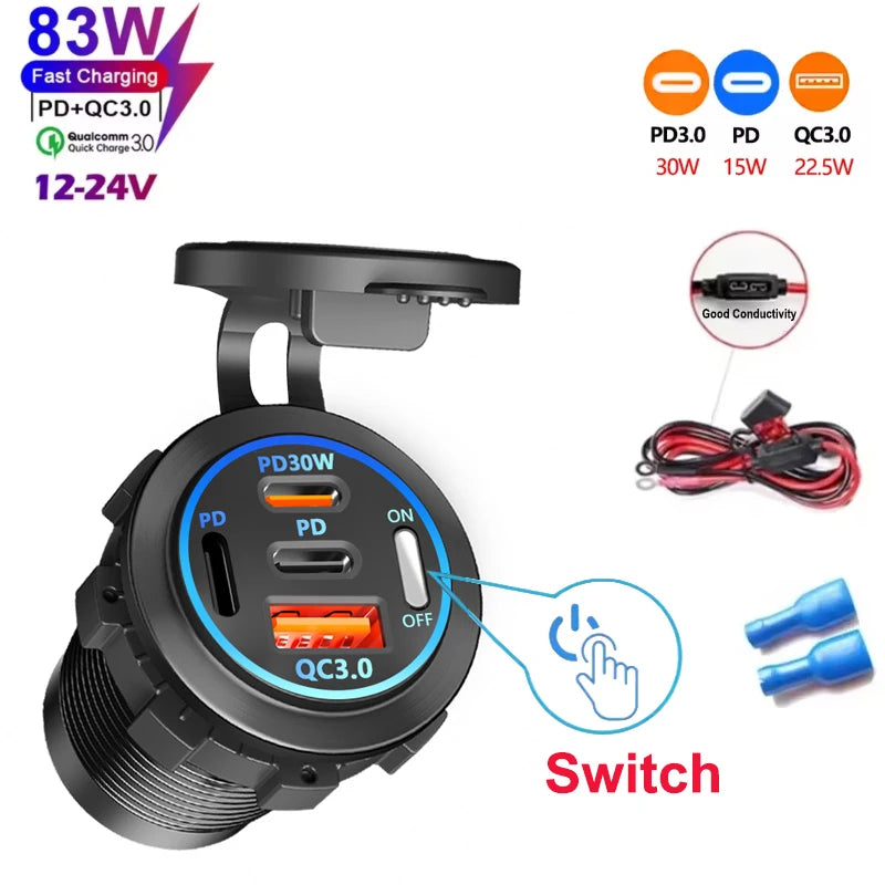 NEW 4 Ports Dual PD Dual QC 3.0 USB Car Charger with Voltmeter Socket Power Outlet Adapter Waterproof for 12V/24V Car Boat