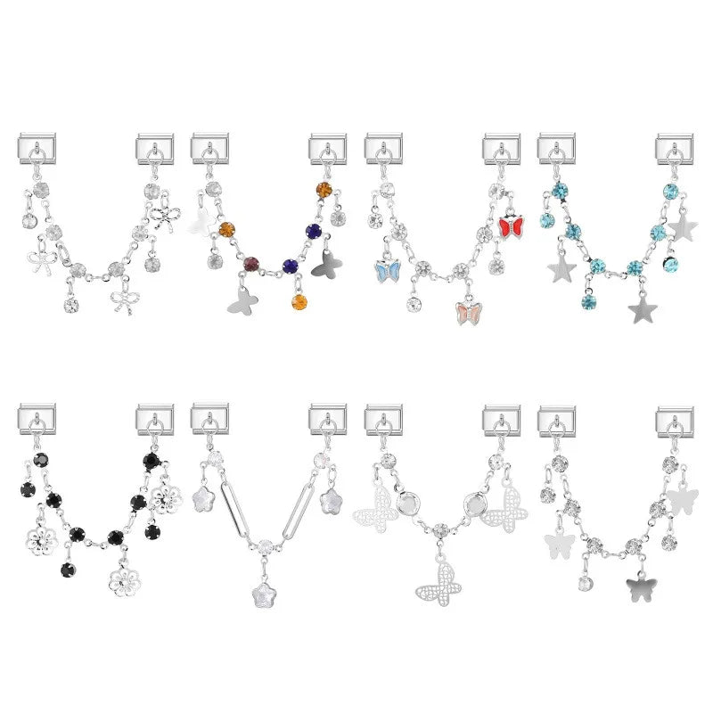 Star Butterfly Heart Zircon Round Pearls Tassel Chain Italian Charm Links Fit 9mm Bracelet Stainless Steel Women DIY Making Gift