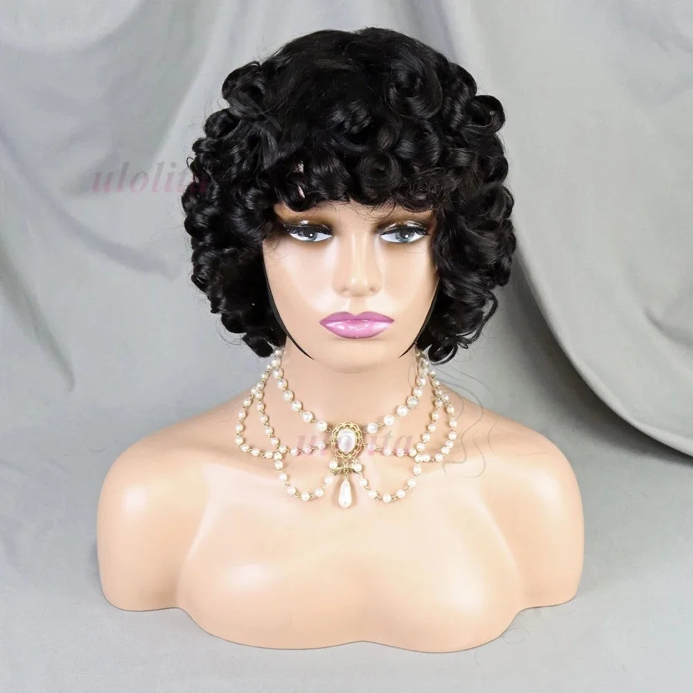 Fumi Curly Human Hair Wigs Fringe Wig Pixie Cut Rose Curly Cheap Full Machine Made Wigs Egg Curl Short Bob Wig With Bangs