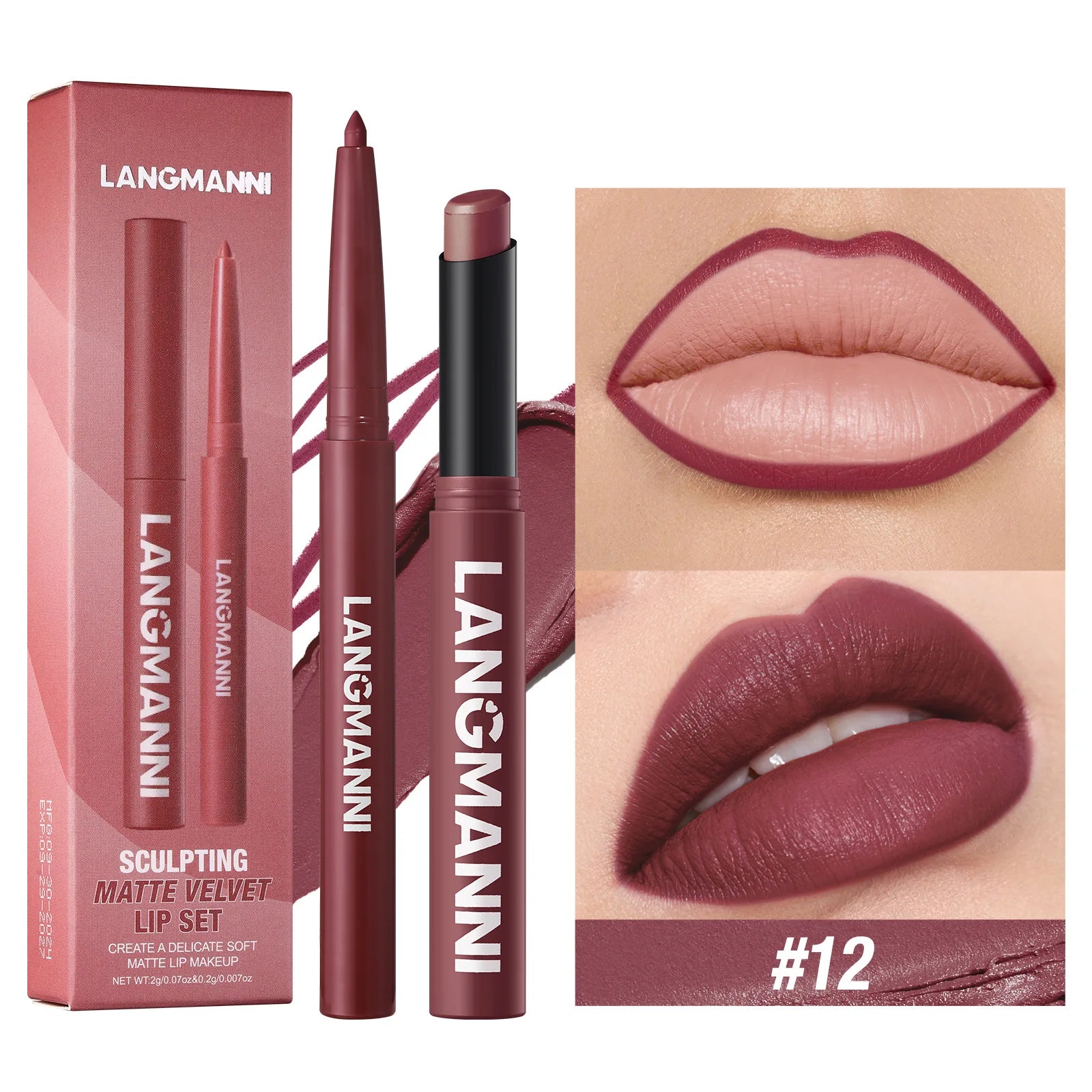 2Pcs/set Matte Soft Mist Slanted Mouth Lipstick + Lip Liner Set Combo Light Matte and Non-Drying Waterproof Non-Stick Lip Set