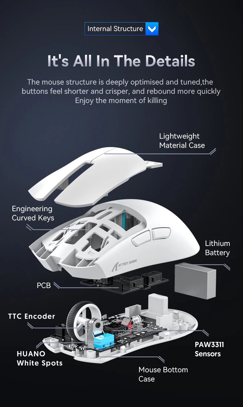 ATTACK SHARK X11 PAW3311 optical sensor,maximum resolution of 22K DPI acceleration up to 40G,edge in competitive gaming