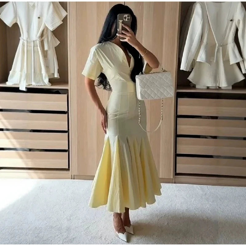 Women Fashion Solid Dress V-neck Ruffles Hem Short Sleeves Waist-cinching Draped Empire Dresses Summer Chic Elegant Summer Gown