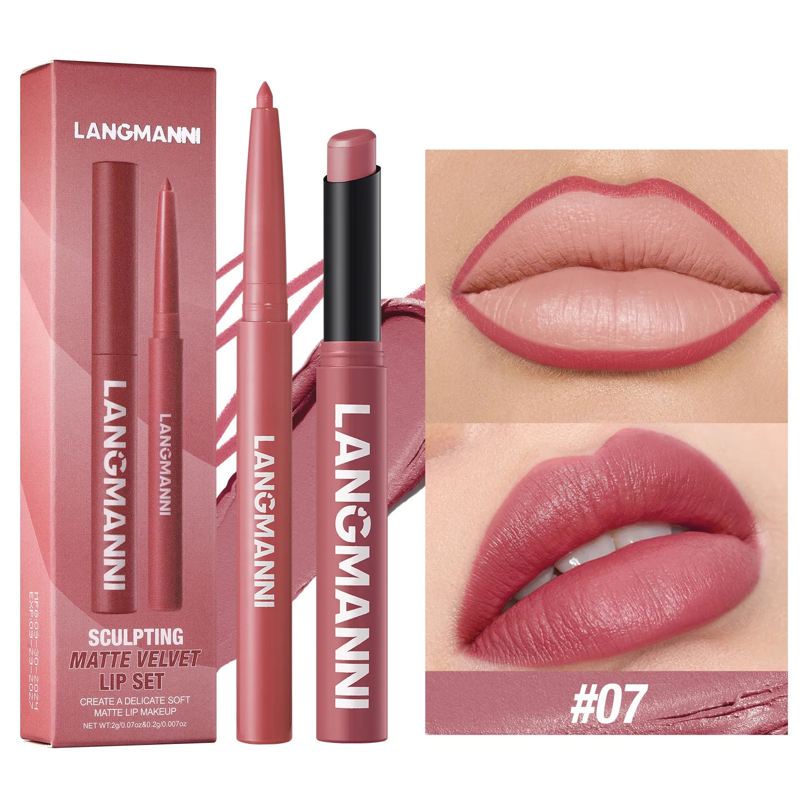2Pcs/set Matte Soft Mist Slanted Mouth Lipstick + Lip Liner Set Combo Light Matte and Non-Drying Waterproof Non-Stick Lip Set