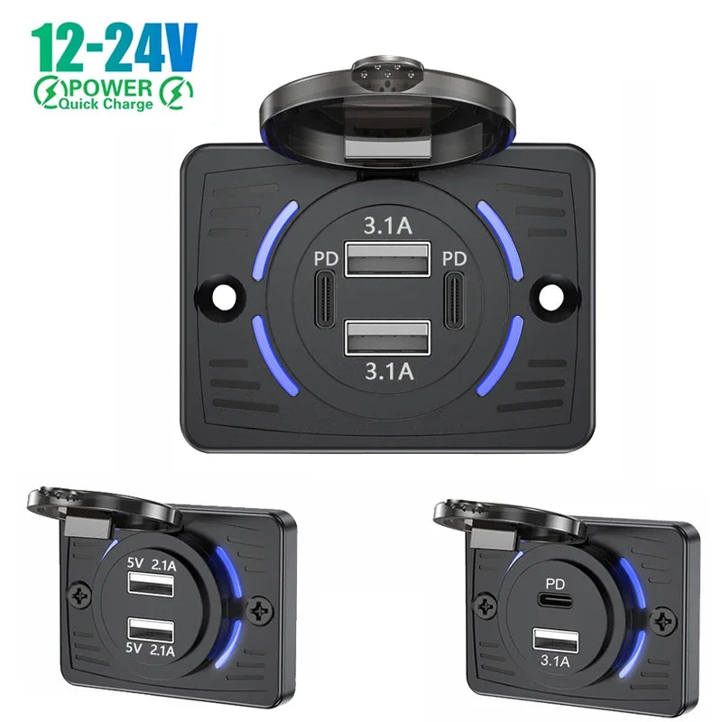 Wall Mount Charger Adapter, 2-4 Ports USB Outlet, QC 22.5W PD 30W Type-C Quick Charge, QC3.0 Panel, Bus, ATV, Truck