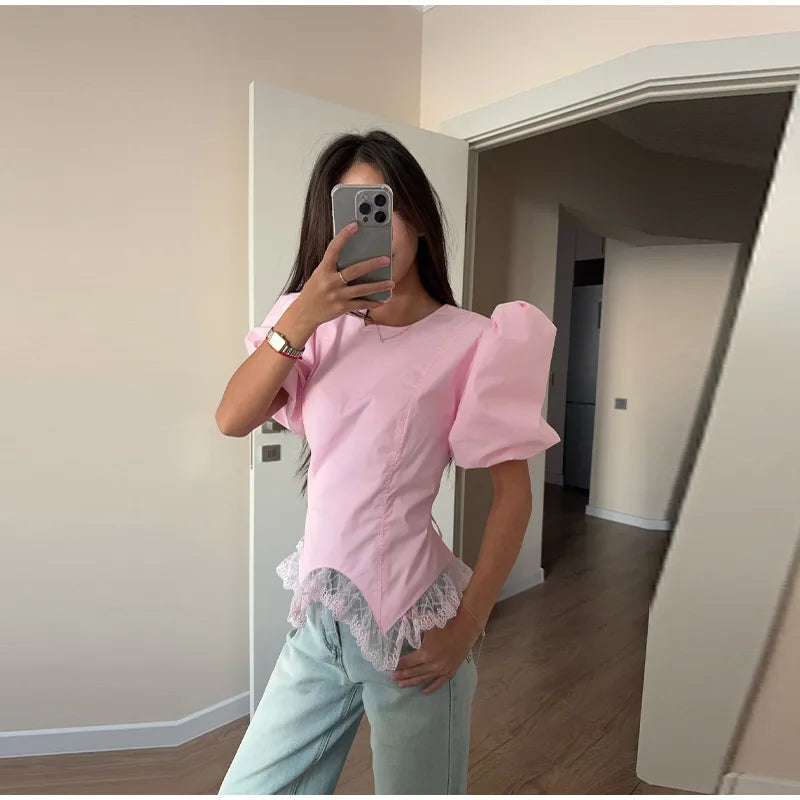 Women Round Neck Puff Sleeve Blouse Solid Lace Trim Asymmetrical Hem Slim Fit Shirt 2026 Spring Summer Chic Elegant Casual Top