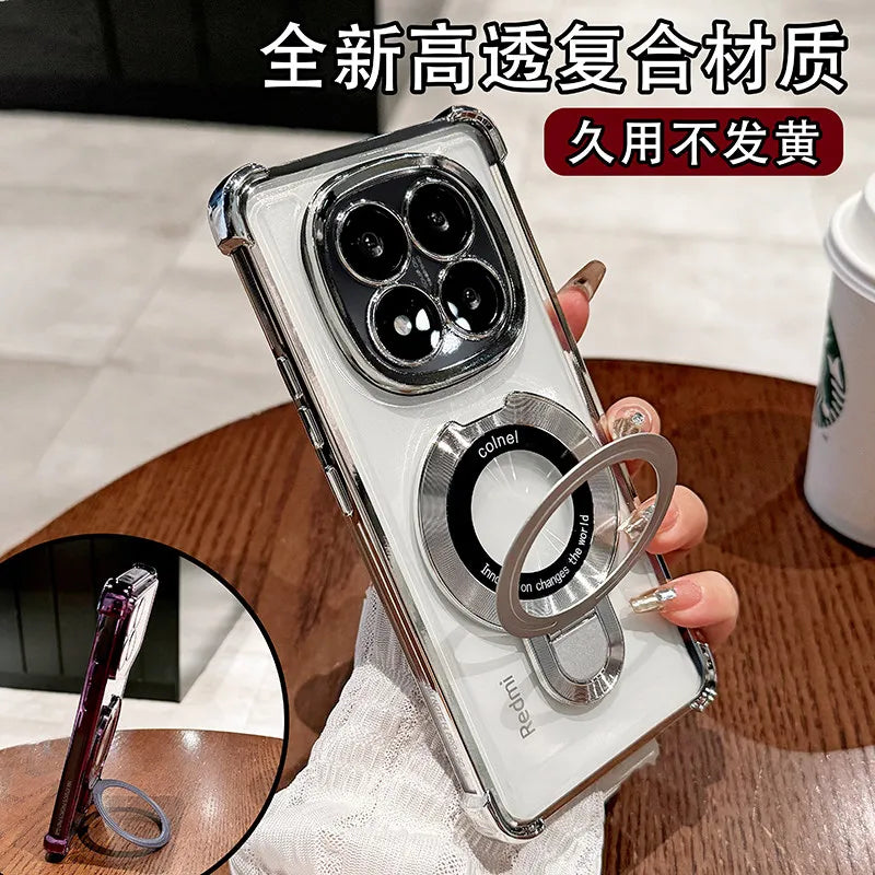 For Redmi Note 15 Pro and Note 15 Pro Plus Case Magnetic Holder Plating Airbag Transparent Camera Protection Shockproof Cover