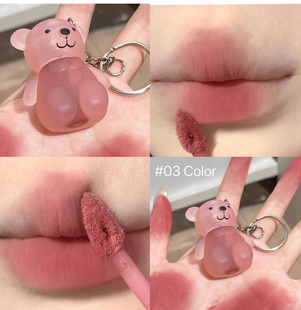 Cute Bear Velvet Lip Mud Keychain Matte Nude Red Lip Gloss Autumn Winter Non-stick Cup Lipstick Waterproof Lasting Lips Makeup