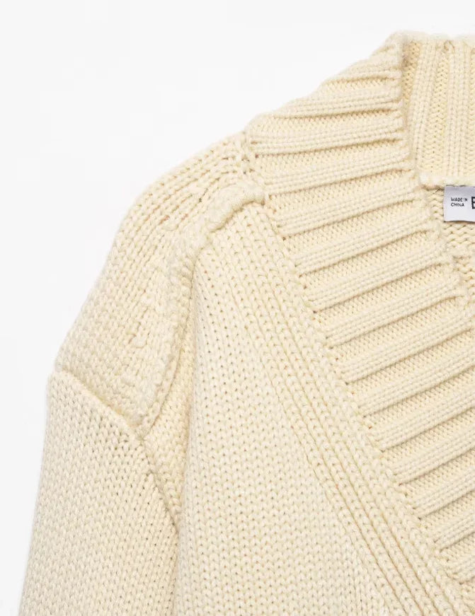 Chic V-neck Knitted Lace-up Women Cardigan Elegant Solid Full Sleeve Loose Cropped Sweater 2026 Lady Commute Office Cardigans