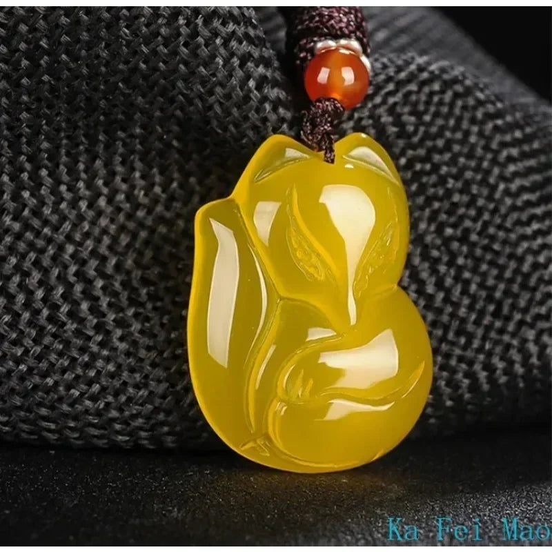 Jade Fox Necklace Pendant Natural Green White Chalcedony Chinese Fashion Charm Jewelry Carved Amulet Gifts for Women Men