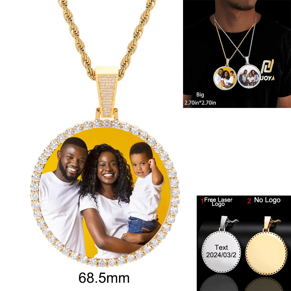 Custom Photo Necklace Circle Chain Personalized Medallion Memory Picture Pendant Solid Back Zircon Hip Hop Jewelry Free Engrave