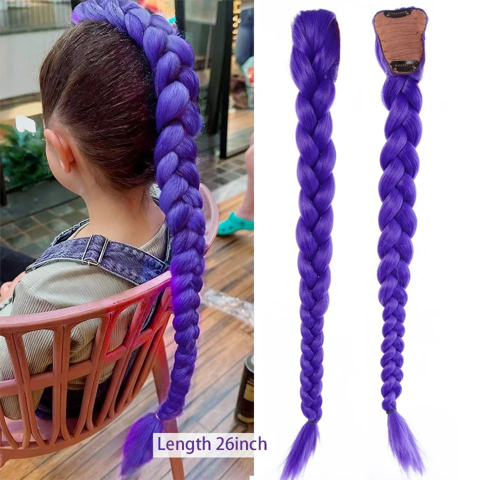 Synthetic Purple Braided Hair Ponytail Rumi Costume Hairstyle Long Ponytail with Rubber band and Clips for Kids Girls Christmas