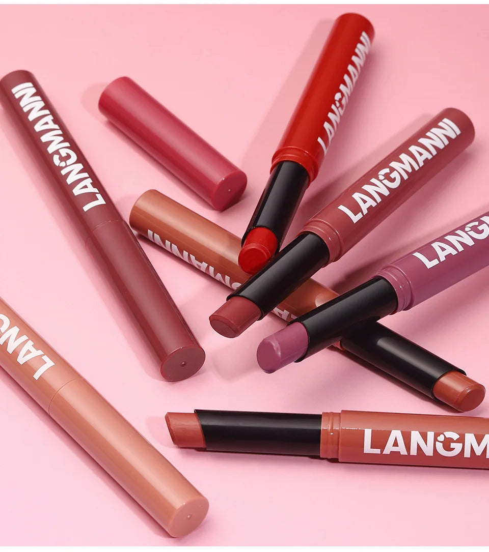 2Pcs/set Matte Soft Mist Slanted Mouth Lipstick + Lip Liner Set Combo Light Matte and Non-Drying Waterproof Non-Stick Lip Set