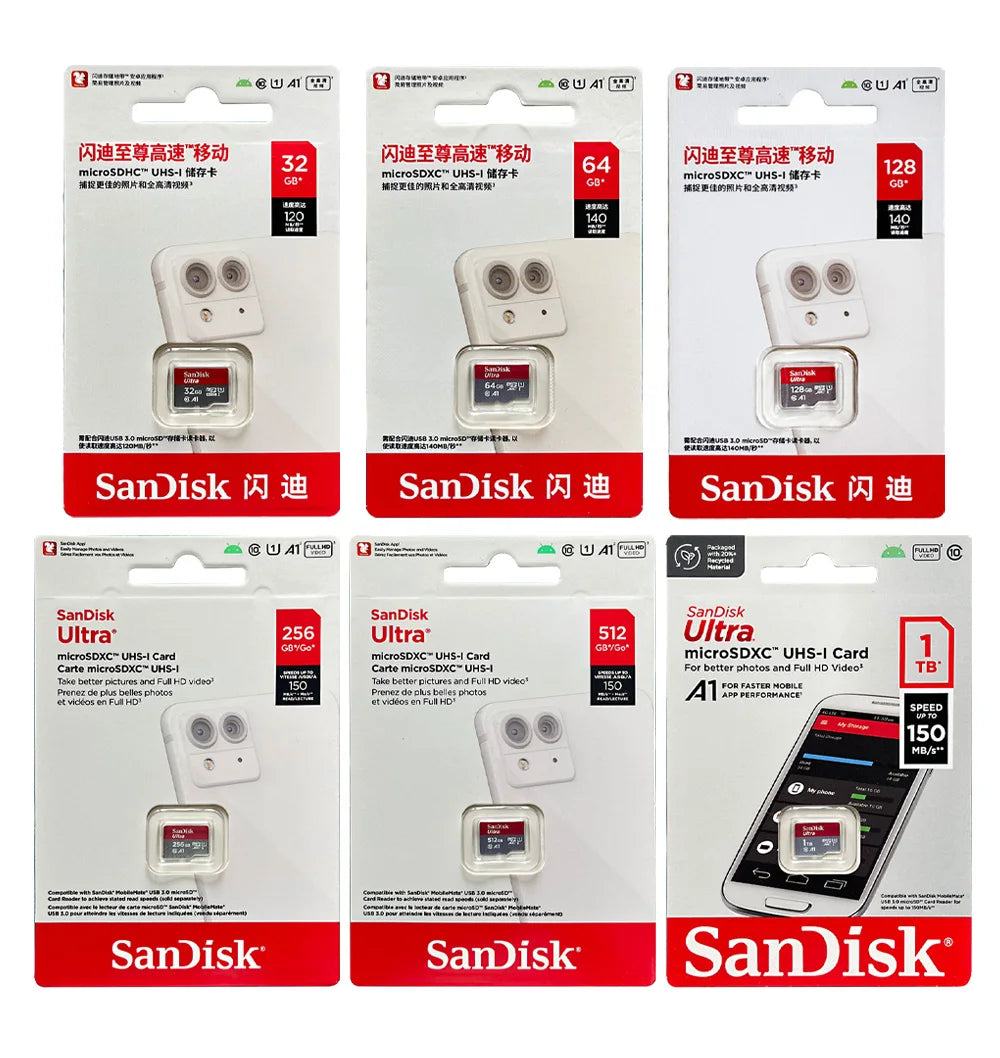 SanDisk Ultra microSD Card 32GB microSDHC A1 UHS-I Class10 64GB 128GB 256GB 512GB 1TB microSDXC Perfect for Full HD video