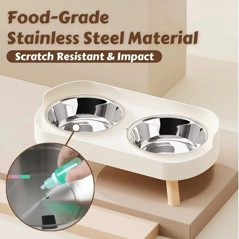 Fashion Pet Food And Water Station Dual Stainless Steel Bowls with Neck Support for Cats And Dogs