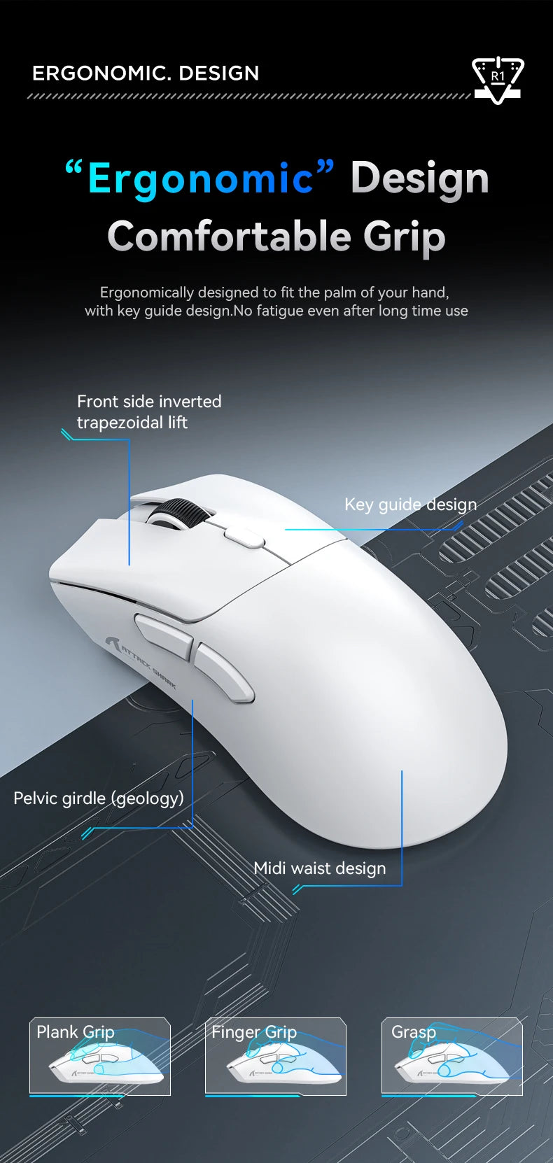 Attack Shark R1 Wireless Gaming Mouse 1000Hz 18000DPI PAW3311 Tri-Mode Connection Macro Programmable Ergonomic Game Mice for PC