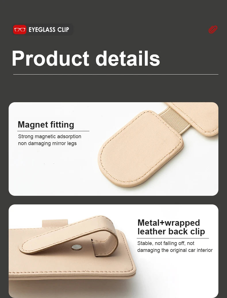 JFBONIN Leather Car Sun Visor Sunglasses Holder with Magnetic Clip Pen And Card Holder Creative Sunshade Storage Case