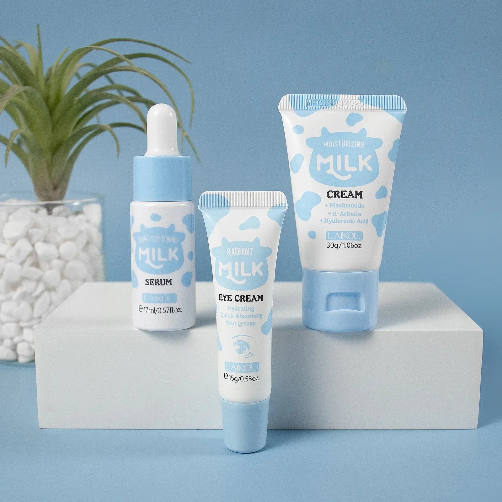LAIKOU Milk Skincare Travel Set 3pcs Niacinamide Hyaluronic Acid Face Serum Eye Cream Face Cream Moisturizing Glowing Skin Care