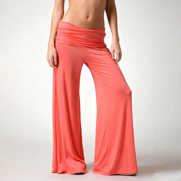 Women's Flowy Wide Leg Yoga Pants High Waisted Fold-Over Stretchy Palazzo Pants Soft Comfy Dance Pants for Pilates Daily Casual