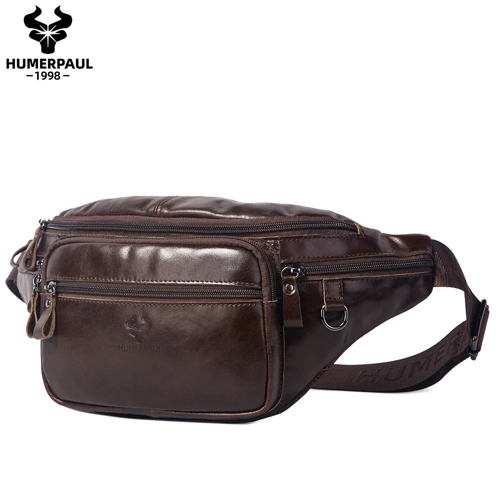 HUMERPAUL Genuine Leather Waist Bag Casual Fanny Pack For Men Multifunction Outdoor Chest Bag Phone Pouch Travel Crossbody Bages