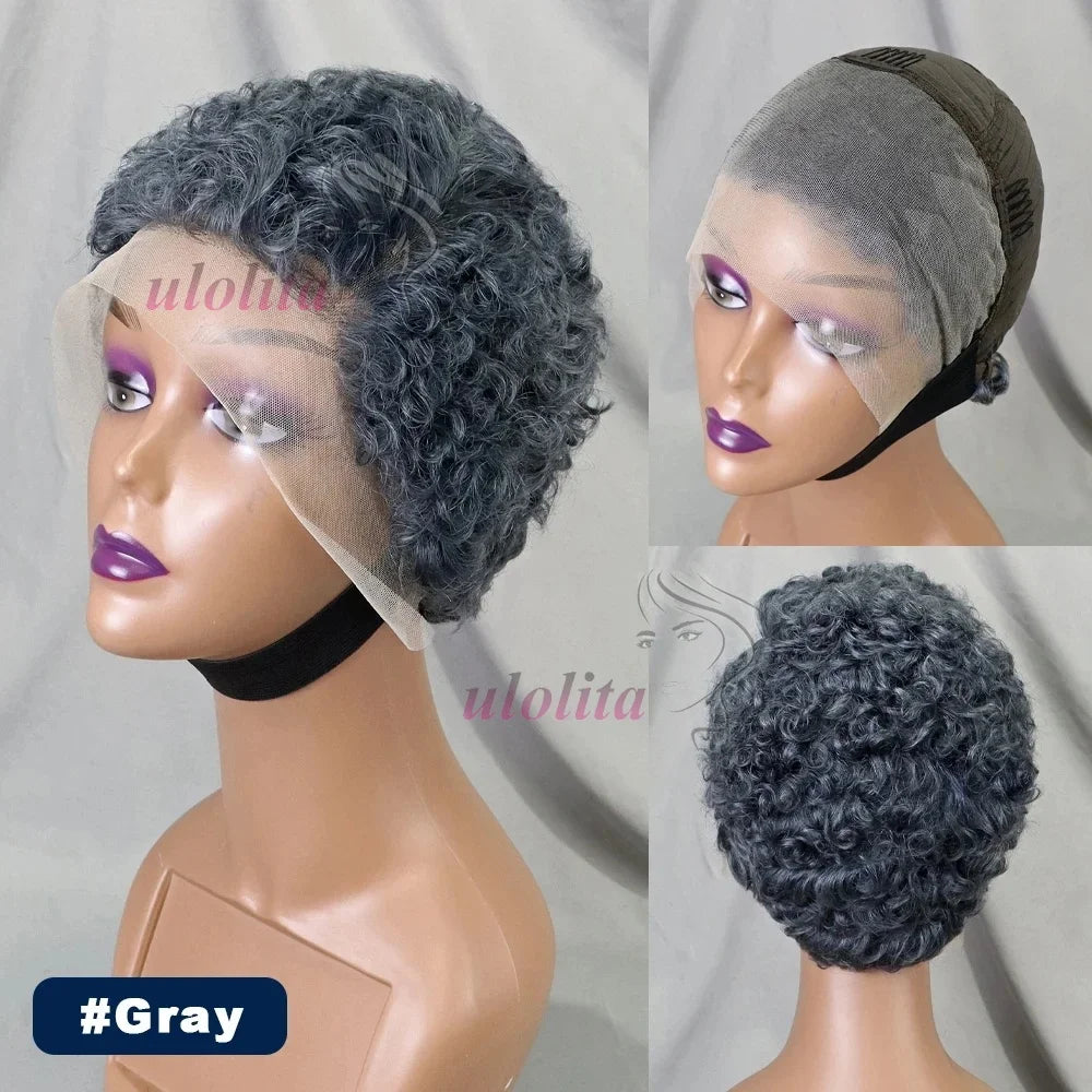 Gray Color Pixie Cut Curly Wave Human Hair Wigs 13x4 Transparent Lace Front Short Afro KinkyCurly Human Hair Wig for Black Women