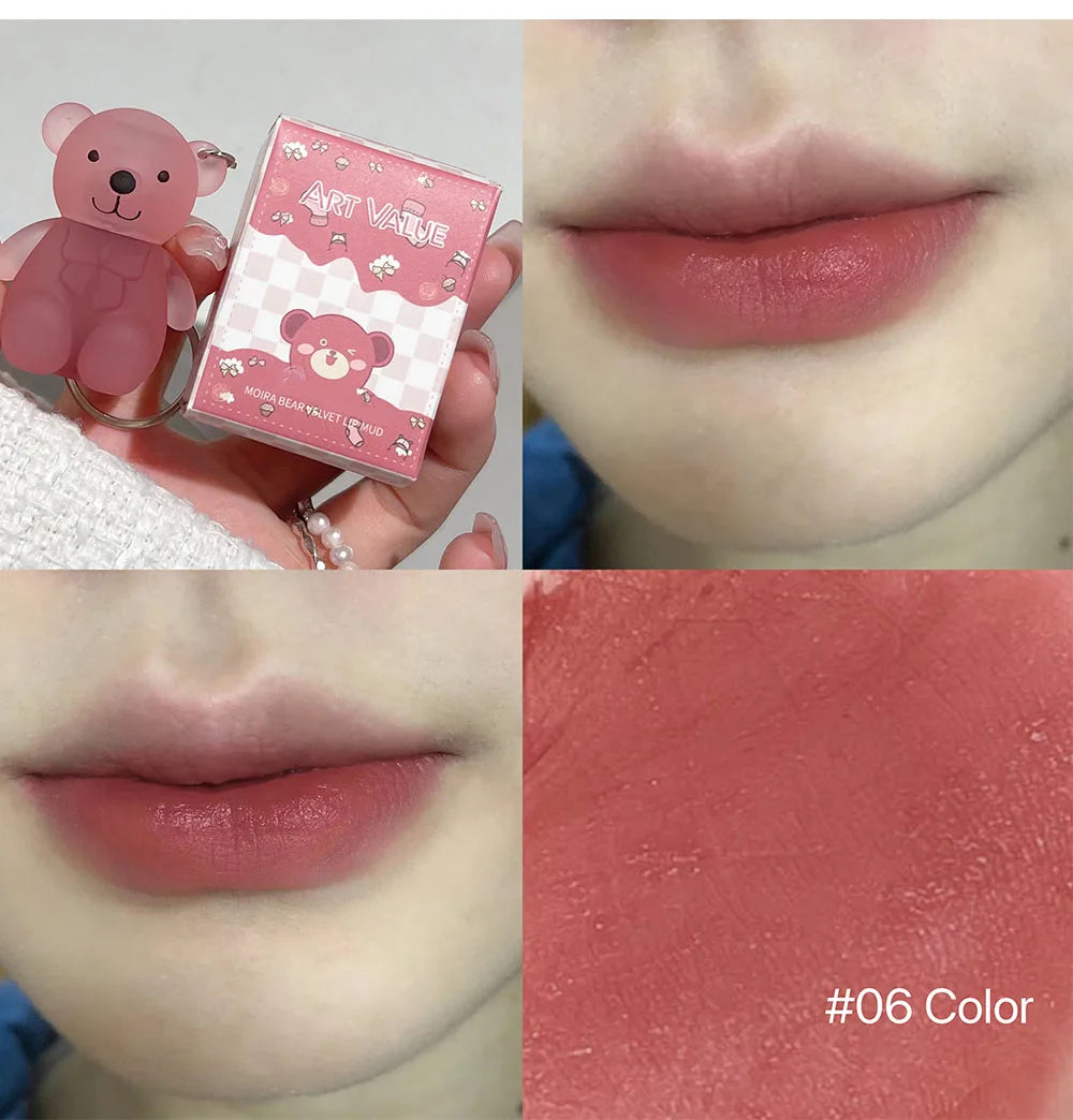 Cute Bear Velvet Lip Mud Keychain Matte Nude Red Lip Gloss Autumn Winter Non-stick Cup Lipstick Waterproof Lasting Lips Makeup