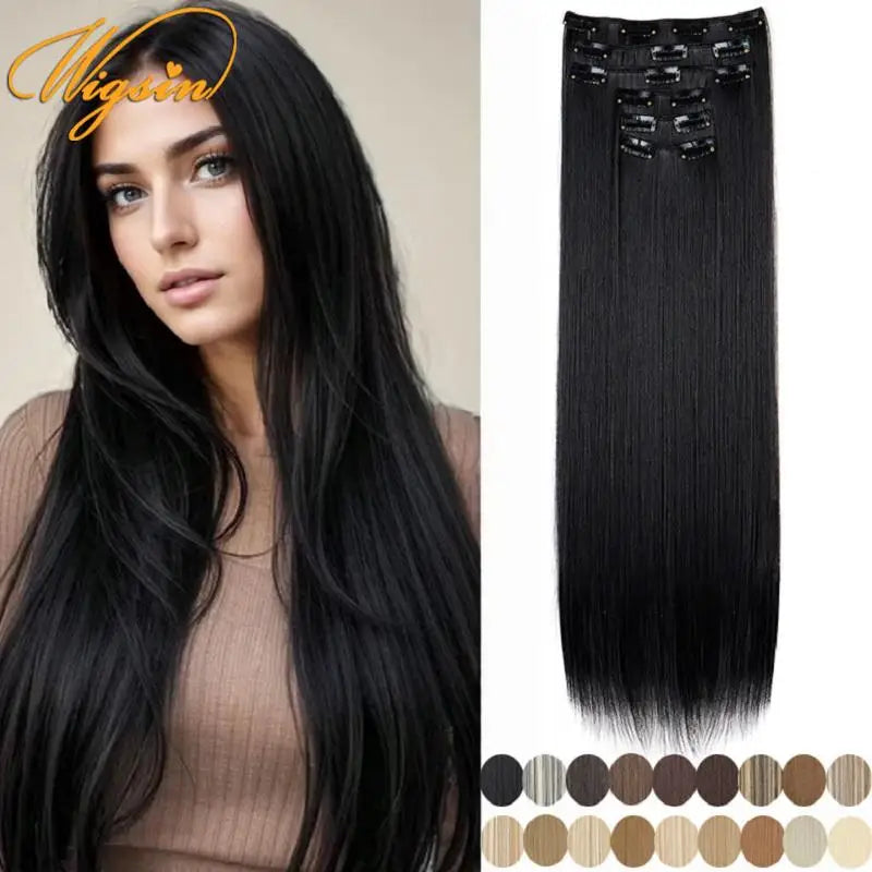 WIGSIN Synthetic 6pcs/set 24Inch Long Straight Hair Extensions Clip-in Heat Resistant Black Blonde Hairpiece for Women