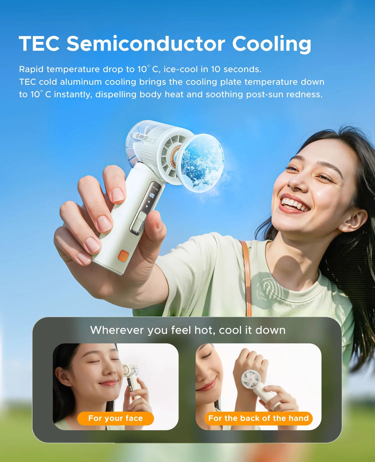 ORICO Portable High Speed Cooling Handheld Fan 3000mAh Rechargeable 120 Wind Speeds Adjustable Mini Foldable Air TEC Cooling