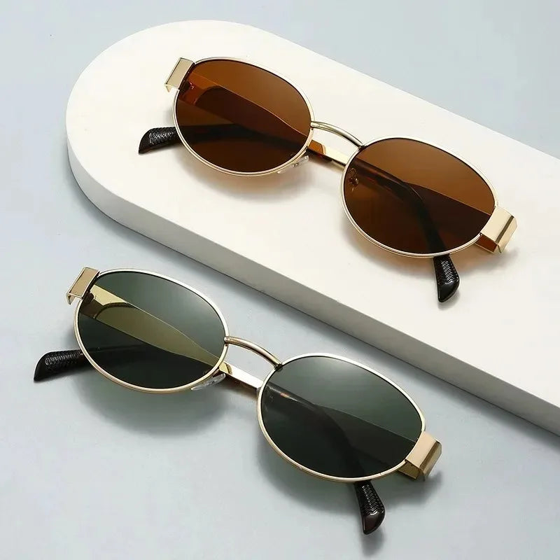 Trendy Oval Sunglasses for Women Luxury Brand Designer Metal Frame Sun Glasses Ladies Classic Vintage Round Shades Unisex New