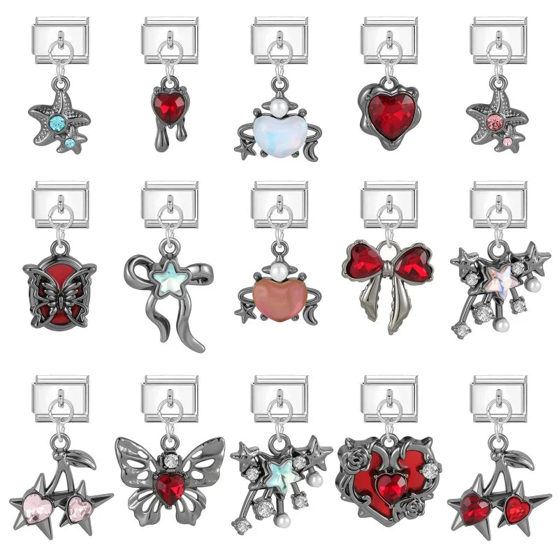 Red Sweet Cute Hollow Bow Knot Leaf Butterfly Rose Italian Charm Links Fit 9mm Stainless Steel Bracelet Jewelry DIY Making Gifts