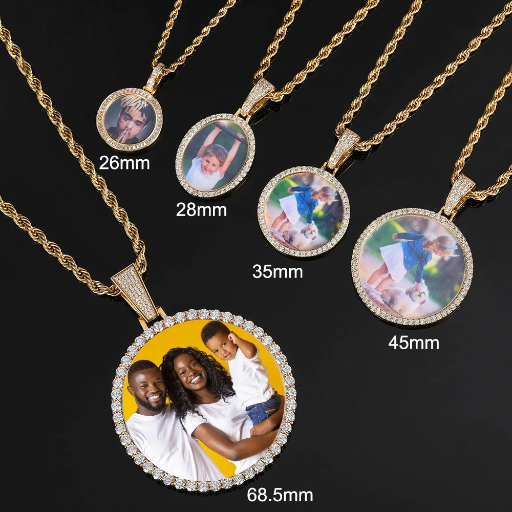 Custom Photo Necklace Circle Chain Personalized Medallion Memory Picture Pendant Solid Back Zircon Hip Hop Jewelry Free Engrave